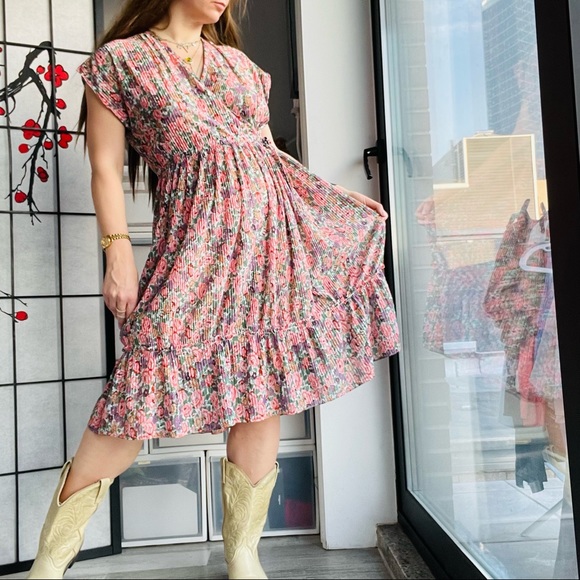 Phase II Wrap Drop Shoulder Busty Bodice Micro Pleated MIDI Floral Dress - Picture 11 of 17